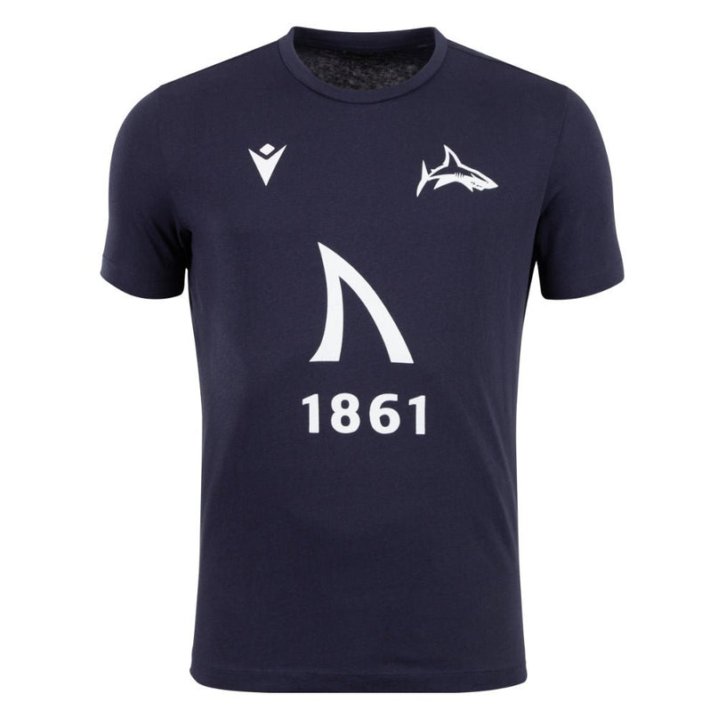 2025-2026 Sale Sharks Travel Shirt (Navy) |Product - T-Shirt | Macron | Absolute Rugby