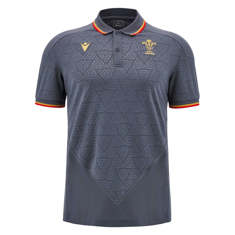 Macron Mens Wales Rugby Poly Polo 24/25 - Grey |Polo Shirt | Macron WRU 24/25 | Absolute Rugby