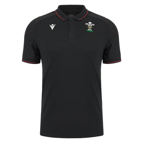 Macron Men's Wales Rugby Travel Poly Polo Shirt 23/24 - Black |Polo Shirt | WRU Macron 23/24 | Absolute Rugby