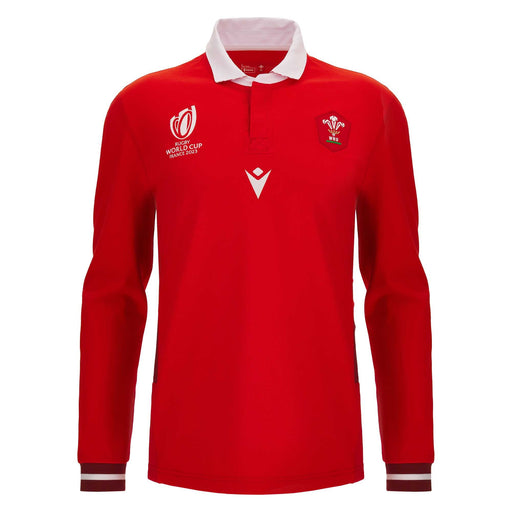 Macron Men's Wales Rugby World Cup 2023 Cotton Replica Shirt L/S - Red |RWC2023 Replica Shirt | WRU Macron RWC 2023 | Absolute Rugby
