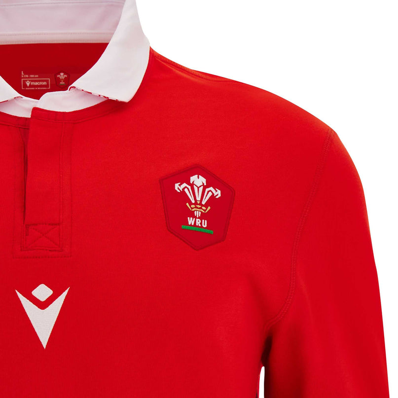 Macron Men's Wales Rugby World Cup 2023 Cotton Replica Shirt L/S - Red |RWC2023 Replica Shirt | WRU Macron RWC 2023 | Absolute Rugby