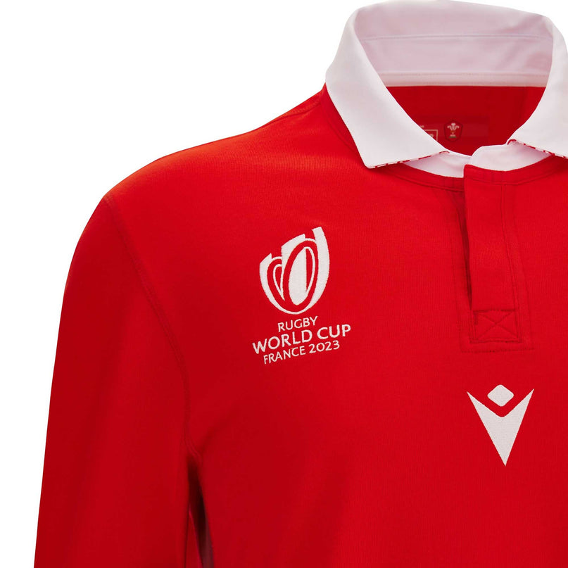 Macron Men's Wales Rugby World Cup 2023 Cotton Replica Shirt L/S - Red |RWC2023 Replica Shirt | WRU Macron RWC 2023 | Absolute Rugby