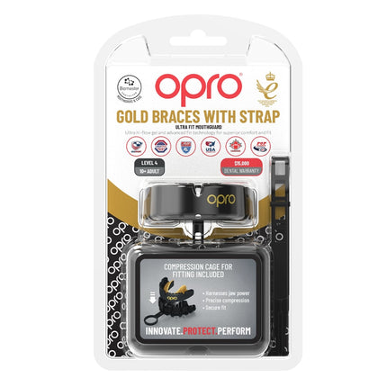 Opro Self Fit Adult Braces + Strap Mouthguard - Black / Gold |Mouthguard | Opro | Absolute Rugby