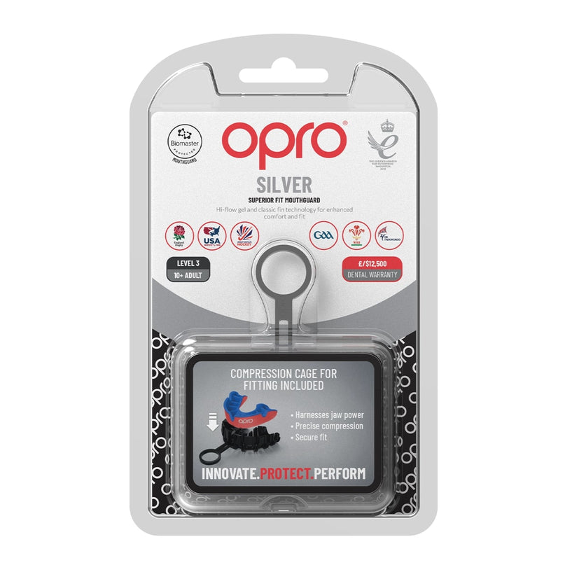 Opro Self - Fit Adult Silver Mouthguard - Red/Blue |Mouthguard | Opro | Absolute Rugby